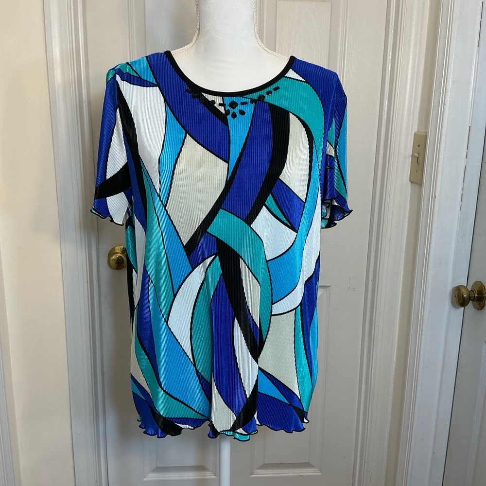 Pleated Top Medium Blue Teal Geometric Stretch Travel Blouse
